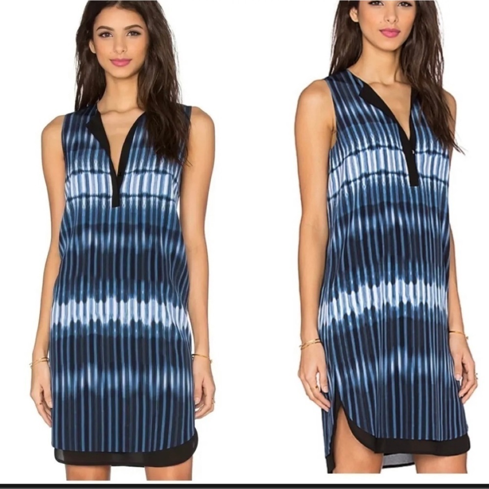 $395 Vince Sz XS 100% Silk Blue Black Tie Die Layered Shift Tunic Shirt Dress